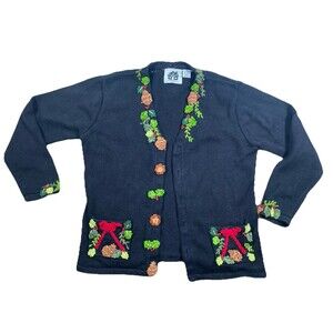 Storybook Knits Cardigan M Pinecone Holiday Embroidered Sweater Black